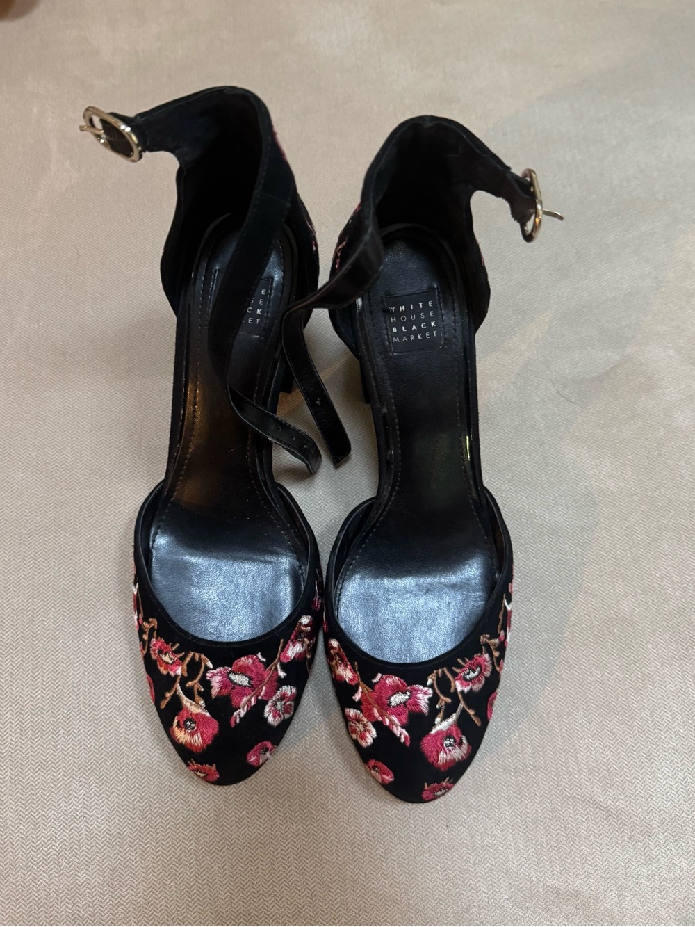 White House Black Market Black Ankle-Strap Heels with Pink Floral Embroidery - Picture 6 of 6